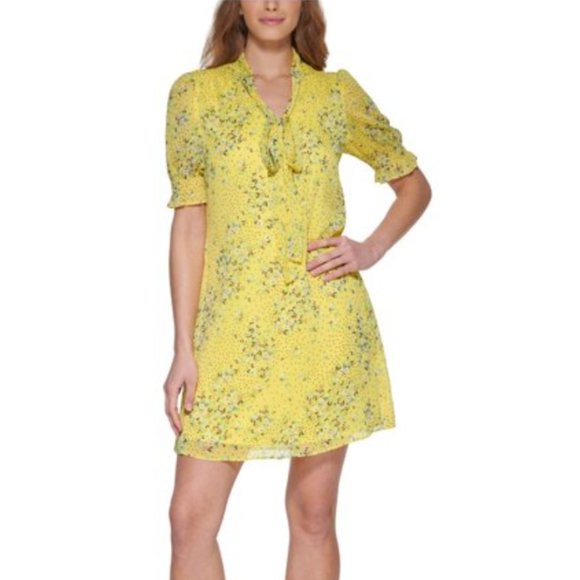 DKNY Yellow Floral, Short Sleeve, V-Neck Dress with Tie‎ Neck, Size 16, NWT - Picture 1 of 12